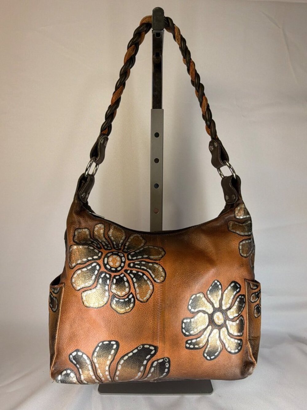 Vintage Biacci Shoulder Bag Brown Hand Painted Artisan Floral Leather Boho Hobo